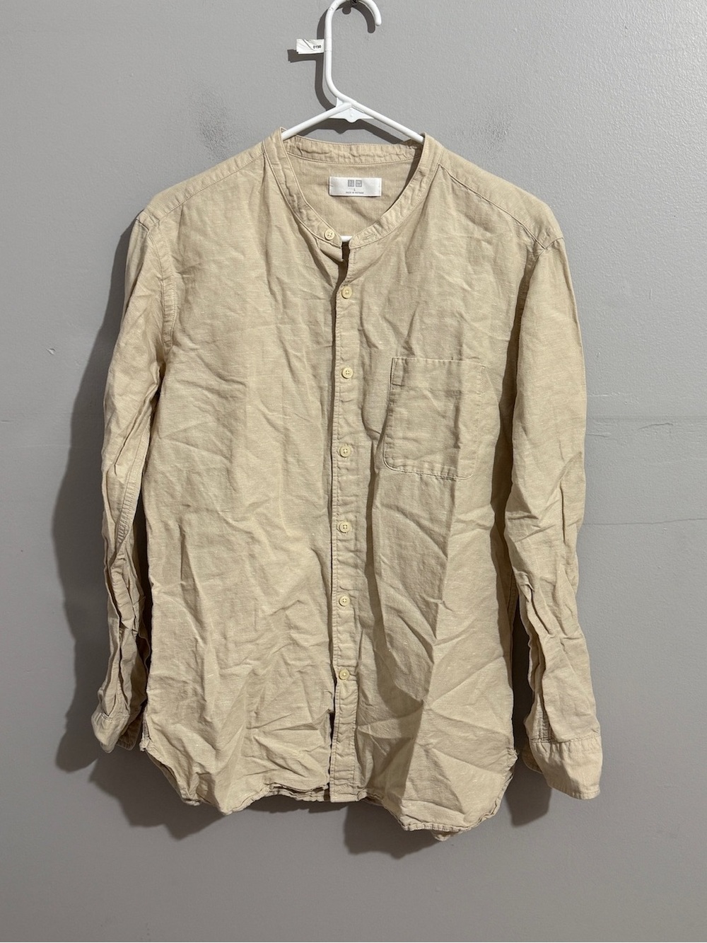 Uniqlo Linen Cotton Blend Shirt Large Beige Band Collar Long Sleeve Button Up